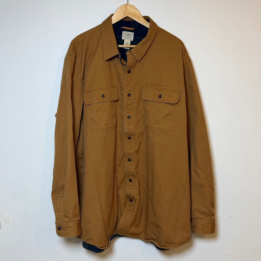 LL Bean Hurricane Shirt Jacket Shacket Mens XXL Tall Brown Canvas Flannel Lined